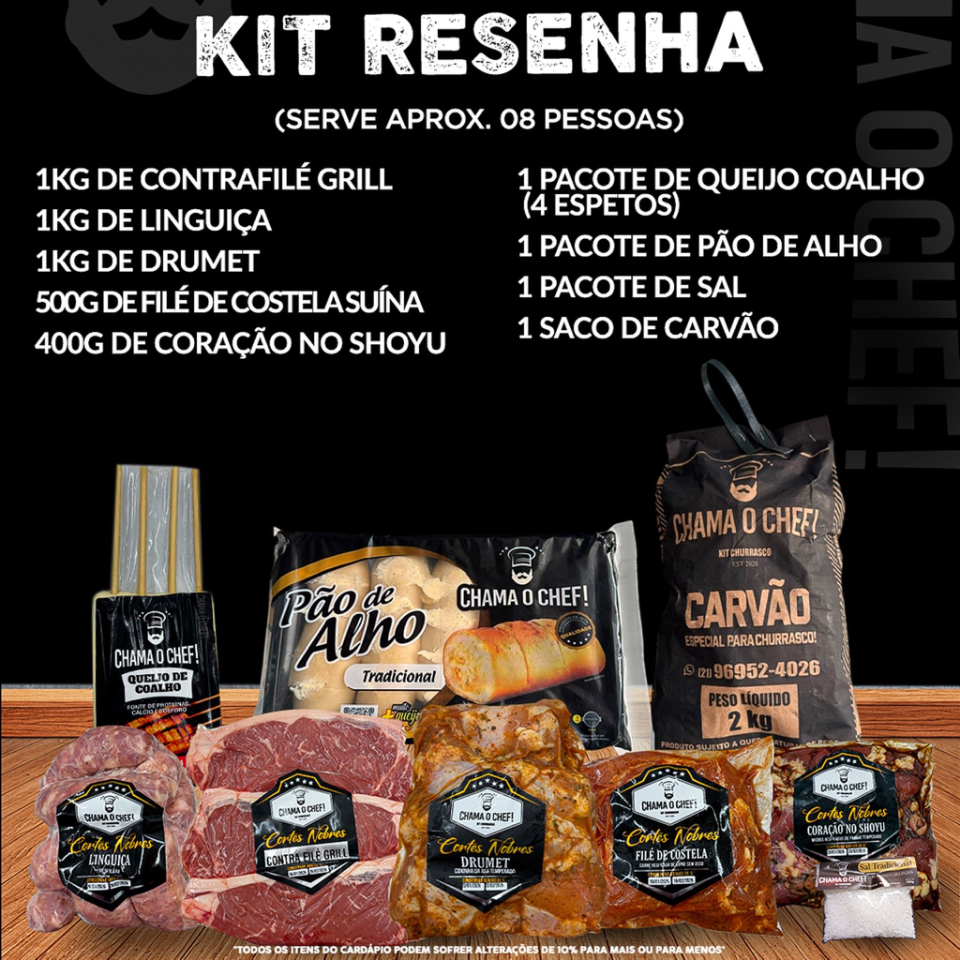1kg de Contra Filé Grill, 1kg de Linguiça, 1kg de Drumet, 500g de Filé de Costela Suíno, 400g de Coração, 1 Pacote de Queijo Coalho (4 Espetos), 1 Pacote de Pão de Alho, 1 Pacote de Sal, 1 Saco de Carvão.