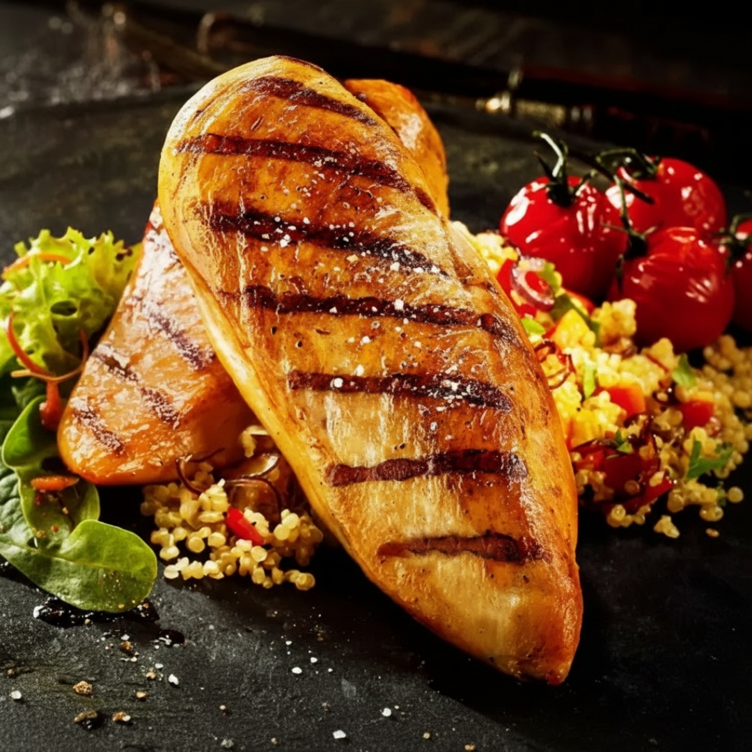 Filé de frango dourado na chapa, suculento e bem temperado, com arroz soltinho, feijão caseiro, farofinha e legumes refogados no capricho - Prato leve, barato e bem servido, perfeito pra todo dia. Com aquele tempero de casa e caprichado, que só a Barolla entrega pra você.