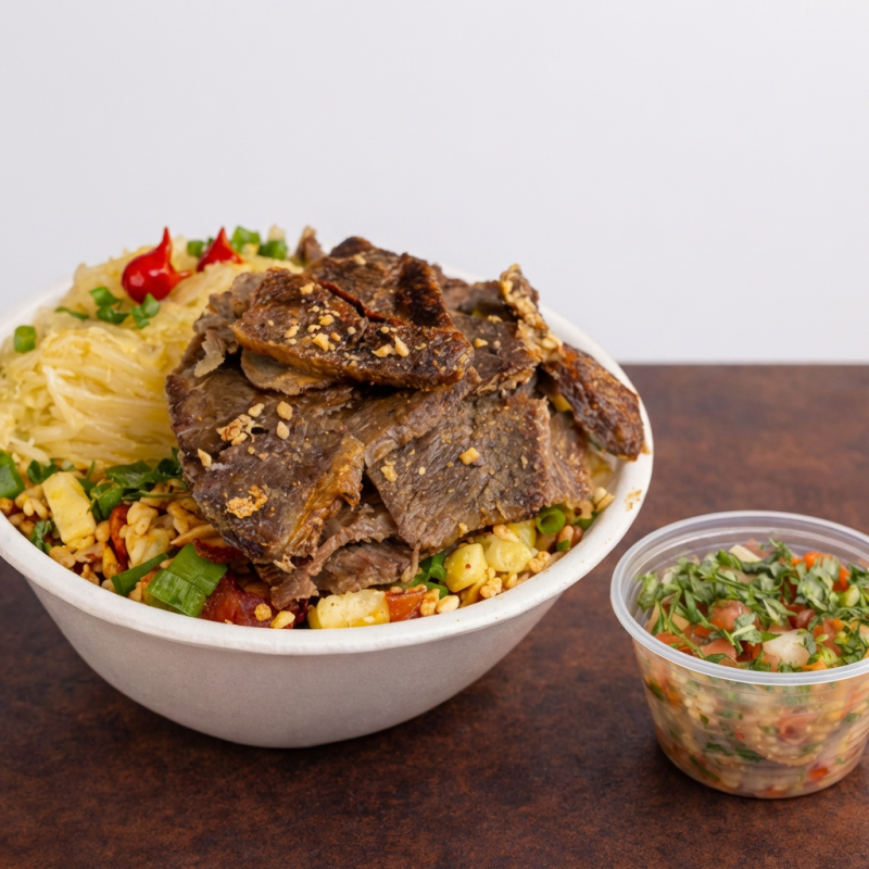 Nosso Delicioso Baião De Dois, É Feito Com Linguiça Defumada, Cebola, Arroz, Feijão De Corda Legitimo, queijo coalho, Regado Com Manteiga De Garrafa Pra Deixar Aquele Sabor Inconfudivel, Tempero Baiano, Coloral E Salsinha. Acompanha Mandioca Frita Na Manteiga E Vinagrete e tiras de carne de sol, Finalizado Com Cebolinha E Pimenta Biquinho