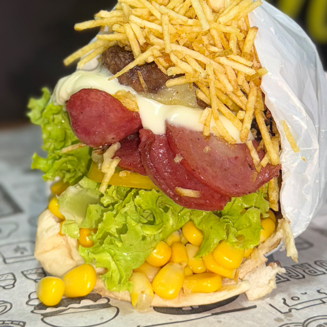 Pão, hamburguer, presunto, mussarela, calabresa, alface, tomate, milho, batata, abacaxi e catupiry.