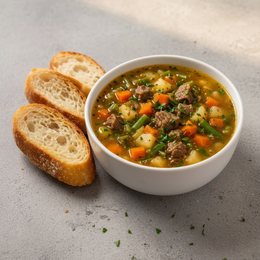 Esta sopa leva: Macarrão de sopa, cenoura, batata, chuchu, abobora, brócolis. Tamanho: 600ml, serve somente 1 pessoa. Não é possível retirar nenhum item do prato.