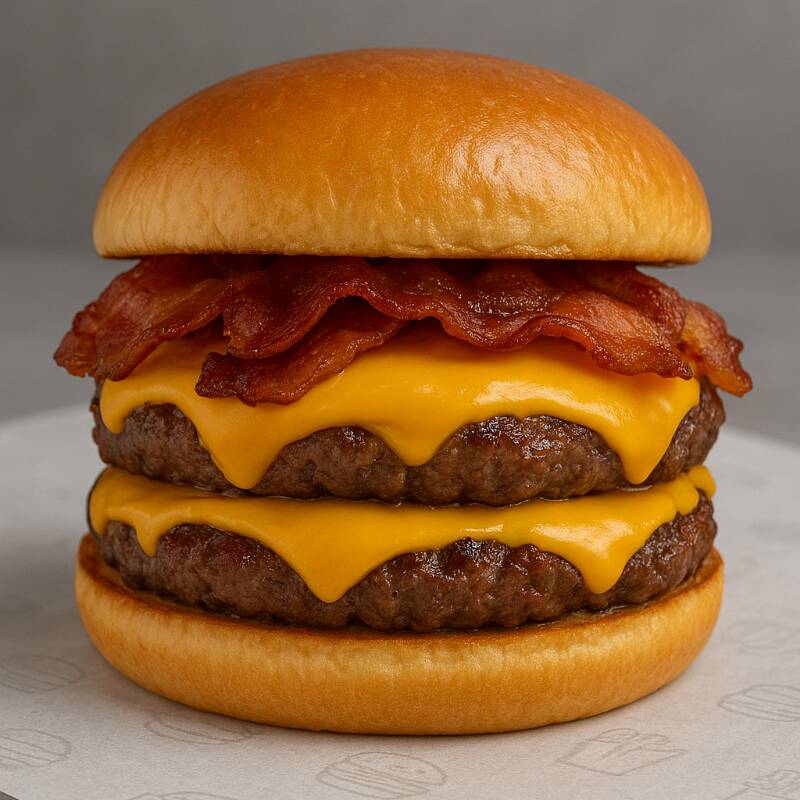 2 de blend artesanal 120g com queijo cheddar fatiado, molho cheddar cremoso, tudo perfeitamente acomodado em um pão brioche macio.