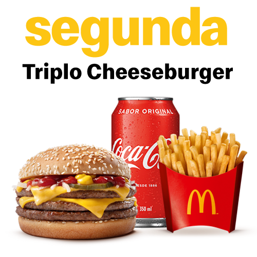 Três hambúrgueres (carne 100% bovina), queijo processado sabor cheddar, cebola, picles, ketchup, mostarda e pão com gergelim; com acompanhamento e bebida.