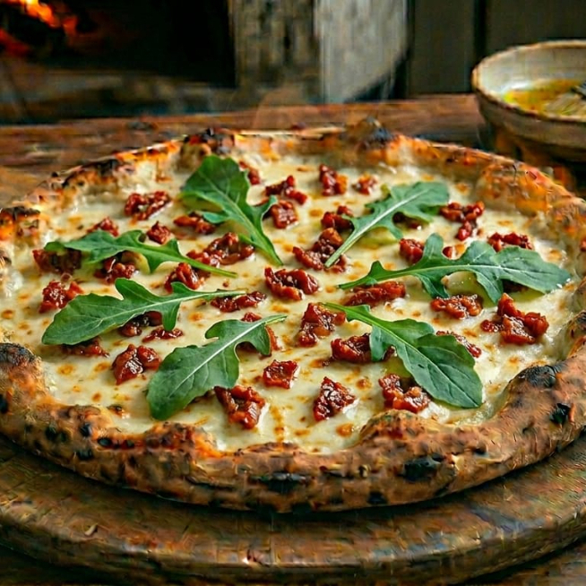 Muçarela, tomate seco e rúcula.