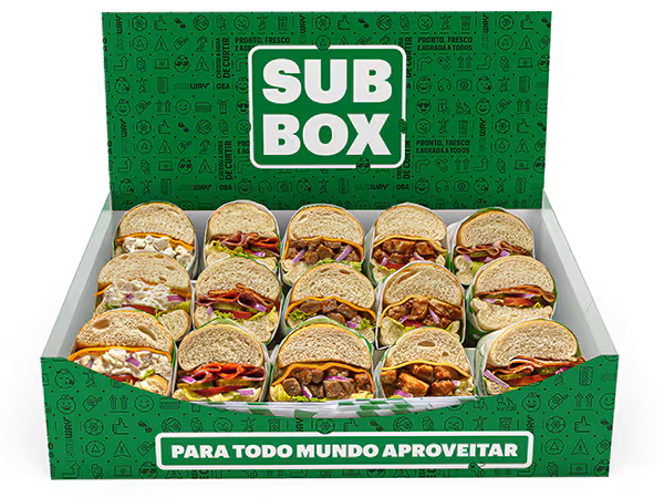 São 15 Mini Subs de 10 cm, de até 5 sabores diferentes. Escolha os sabores de 5 Footlongs de 30cm que são cortados em 10cm.