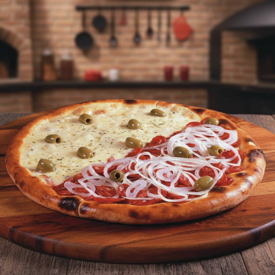 mussarela = mussarela tres marias / calabresa = calabresa aurora fatiada com rodela de cebola