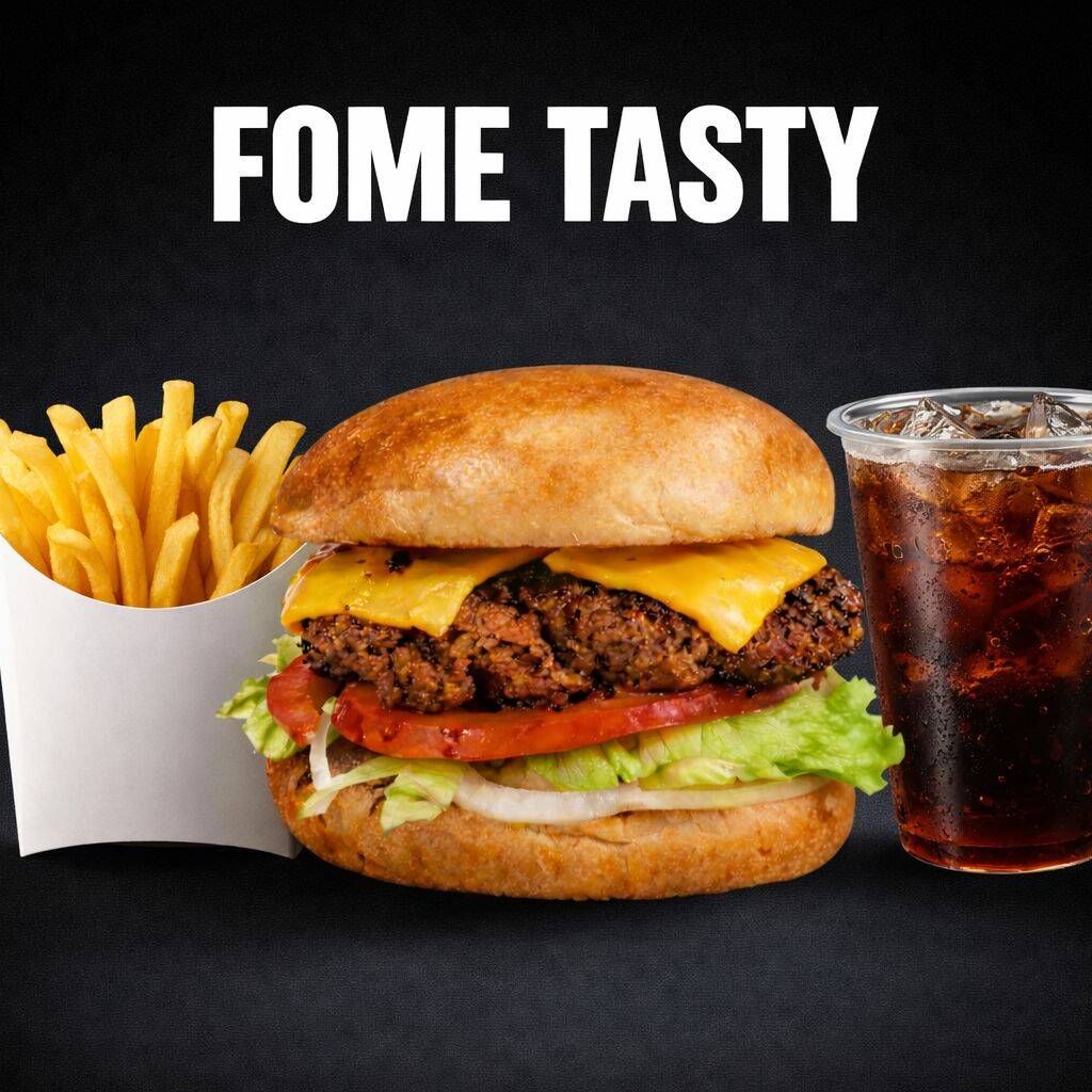 **Imagem ilustrativa. Montagem pode variar conforme preparo.**Pão de brioche, carne 200G, 2 fatias de queijo cheddar, salada de alface, tomate, cebola e molho Tasty.