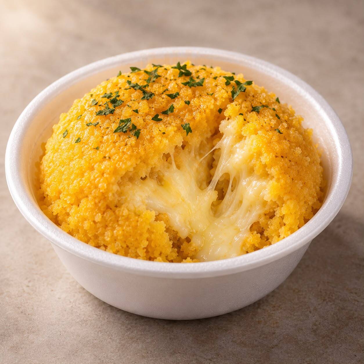 Cuscuz macio e saboroso, com recheio cremoso de queijo. Uma opção prática e deliciosa para o café da manhã ou lanche.
