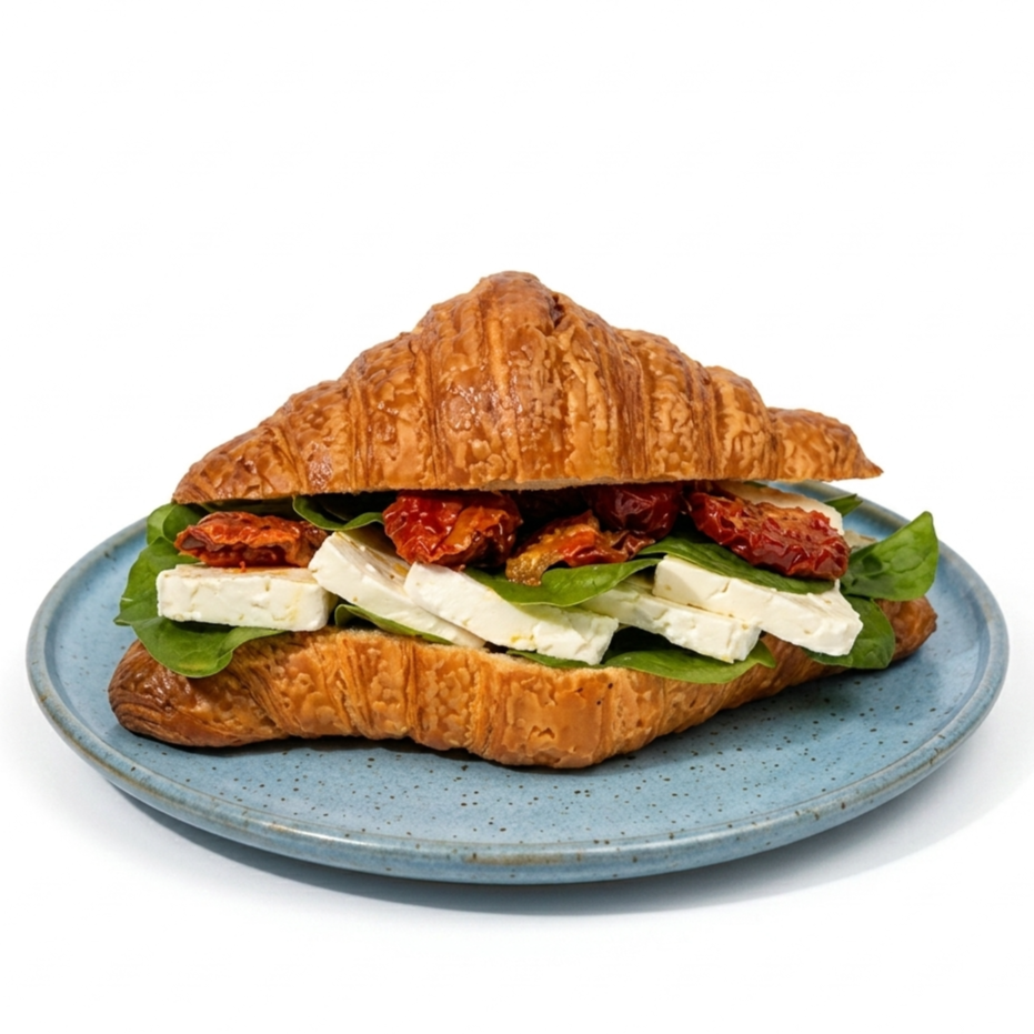 Croissant folhado, leve e amanteigado, com massa delicadamente laminada e assada até ficar dourada e crocante por fora, mantendo o interior macio e delicado.
Recheado com queijo branco, rúcula fresca e tomate seco, uma combinação equilibrada que une a suavidade do queijo, o frescor da rúcula e o sabor marcante e levemente adocicado do tomate seco.
Peso aproximado: 300 g.