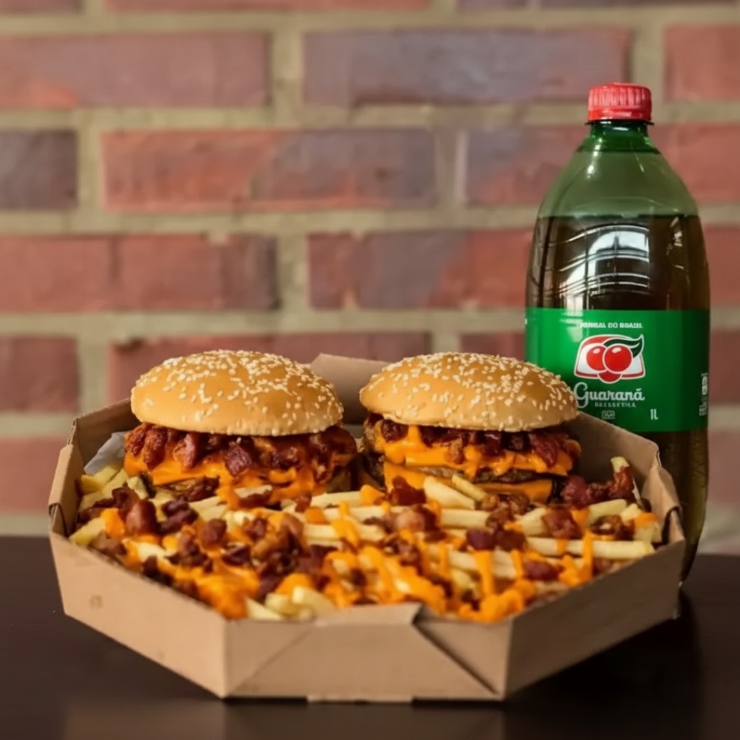 Lanche com 2 carnes, 2 queijos, bacon e cheddar Acompanha batata turbinada e refri de 1l