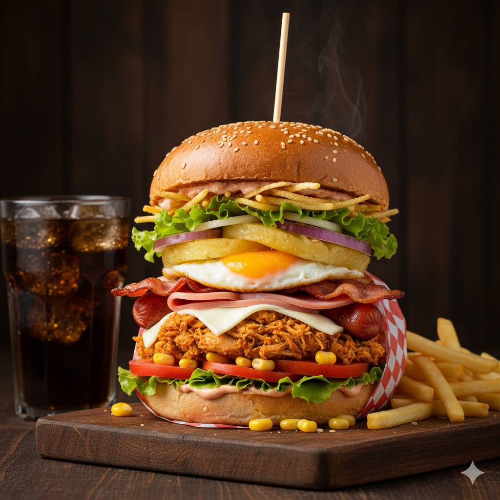 Pão, Frango, Bacon, Ovo, Salsicha, Presunto, Mussarela, Abacaxi, Milho, Tomate, Alface, Batata Palha