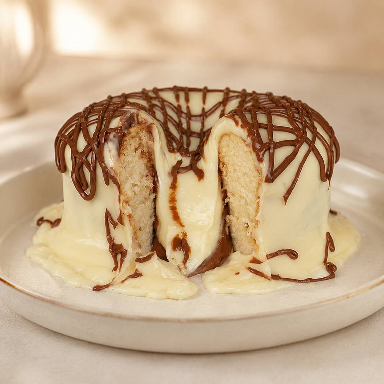 Bolo de baunilha macio, coberto com brigadeiro cremoso preparado com Leite Ninho original e finalizado com Nutella original. Uma combinação irresistível entre a suavidade do leite em pó e o sabor marcante do creme de avelã.