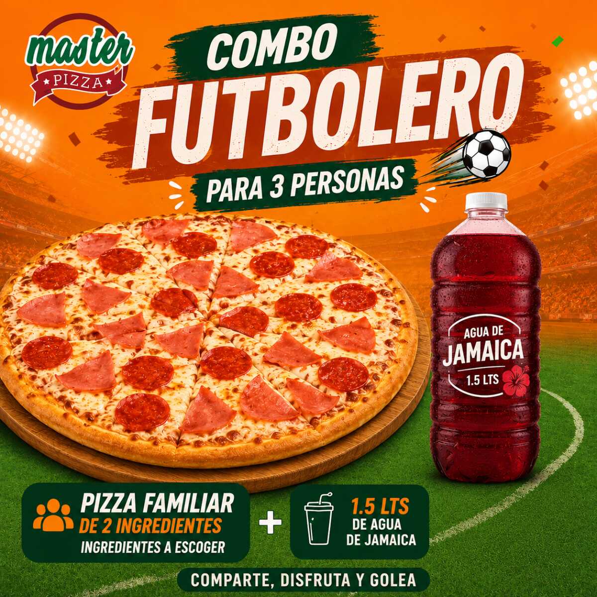 Combo Futbolero Pizza Familiar 2 Ing + 1.5 Lt Agua