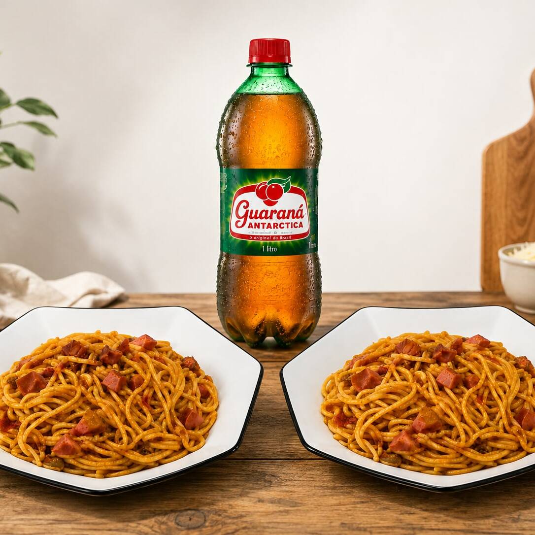 nosso combo servidos para duas pessoas com 2 macarrão espaguete muito saboroso ao molho bolonhesa e calabresa uma explosão de sabores entrega grátis e rápida acompanhado de uma refrigerante guaraná de 1 litro