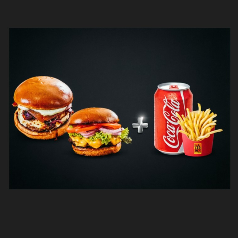 1 - Palermo Burger O da casa, receitinha do chef: Pão Brioche selado na manteiga, 100g do nosso blend bovino, queijo mozarela maçaricado, cebola caramelizada, alho frito, tiras de bacon e a nossa famosa maionese. 2 - El Caminito Aquela opção para quem curte um Burger com uma saladinha: Pão Brioche selado na manteiga, 100g blend bovino, queijo cheddar derretido, cebola roxa, tomates fininhos e alface americana. 1 Batata 1 Refri Lata 350ml