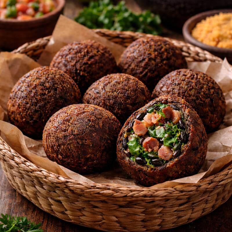 Bolinho redondo, casquinha escura e crocante, feita à base de feijão preto. Por dentro, recheio simples e honesto: bacon dourado e couve refogada, bem temperados, do jeito que manda a tradição. Sabor intenso, mineiro de raiz, perfeito pra petiscar e acompanhar um chope gelado.