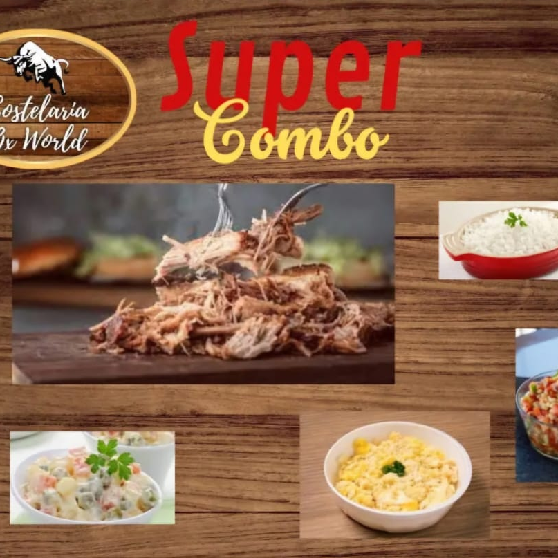 Super Combo: Pernil Premium desfiado acebolado + arroz branco + feijão fradinho em salada fria + farofa com ovos + salada de maionese! Porções generosas e bem servidas para duas pessoas! Tempero caseiro e sabor marcante! Imagem meramente ilustrativa