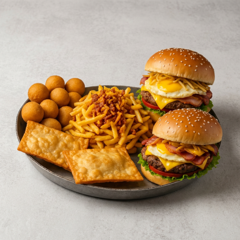 2 cheese bacon (pão, maionese da casa, alface, tomate, carne de hamburguer, bacon) 2 Pasteis queijo mussarela 10 Salgadinhos sortidos 250g de batata maluca (cheedar, bacon e cebola crispe). Foto Ilustrativa!