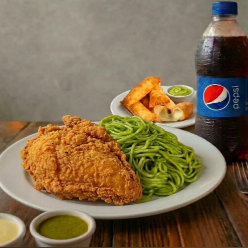 Tallarines Verdes con pollo broaster