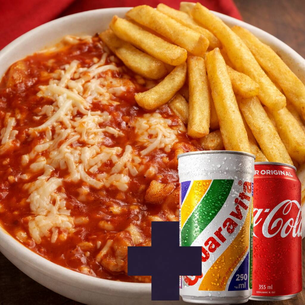 Marmita com generosa porção de frango à parmegiana, fritas, arroz e feijão, junto com uma bebida refrescante para acompanhar.