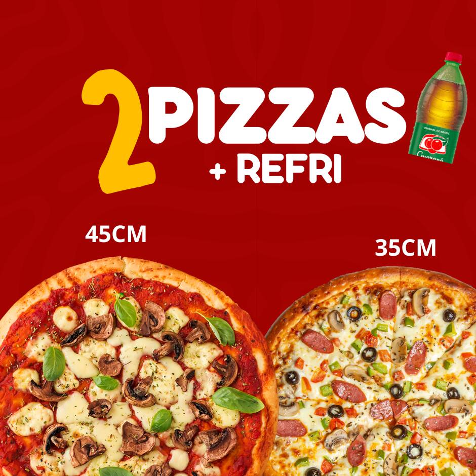 1 pizza gigante ( 45cm) + 1 pizza familia ( 35cm ) + bebida grátis de 1,5l escolha até 2 sabores por pizza. Serve de 5 a 7 pessoas