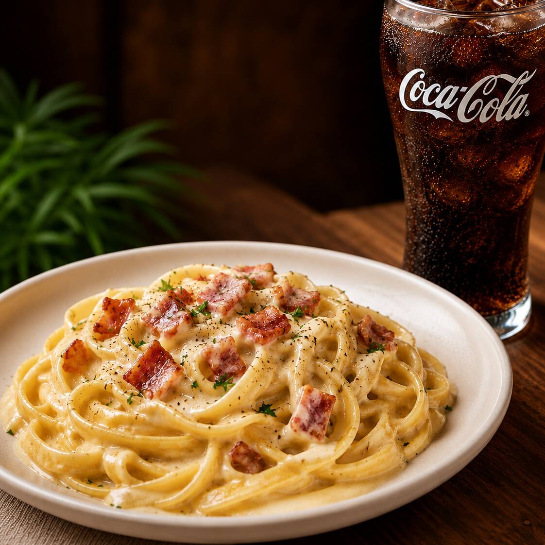 Pastas Carbonara con Gaseosa