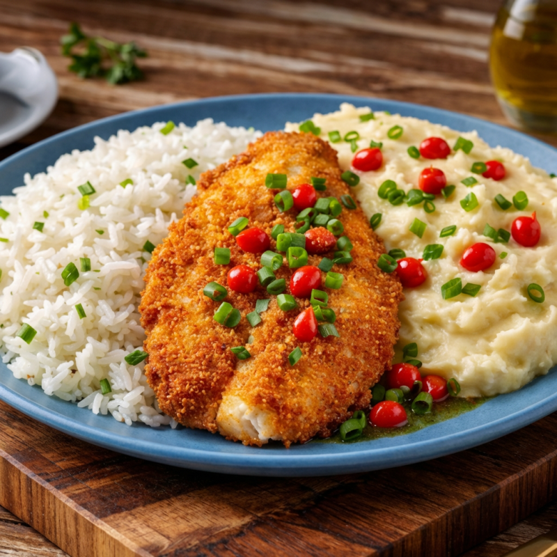 Delicioso filé de tilápia empanado, super crocante por fora e macio por dentro, preparado na hora para garantir máximo sabor. Acompanha arroz de brocolis soltinho e purê de batata cremoso, finalizado com cebolinha fresca e pimenta biquinho, trazendo equilíbrio e um toque especial ao prato.