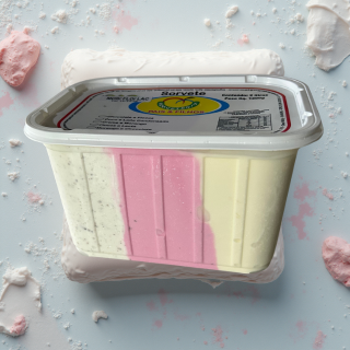 Sorvete de morango, lacta e flocos, cremoso e saboroso.