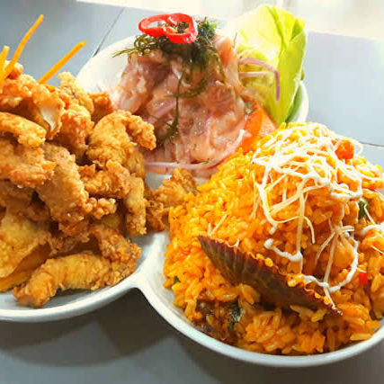 Trío 1 (Ceviche + Chicharrón + Arroz con Mariscos)