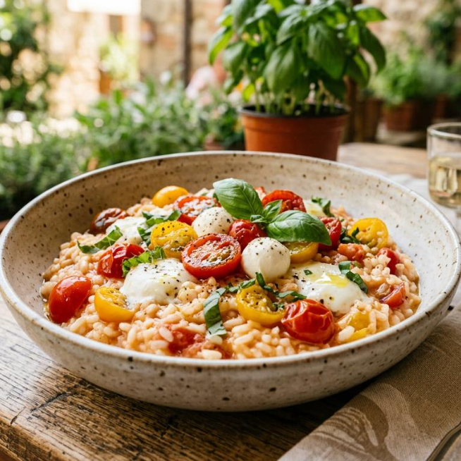 Cremoso risoto de tomate fresco com muçarela de búfala,pesto de manjericão, manteiga e parmesão. Leve, aromático e clássico.