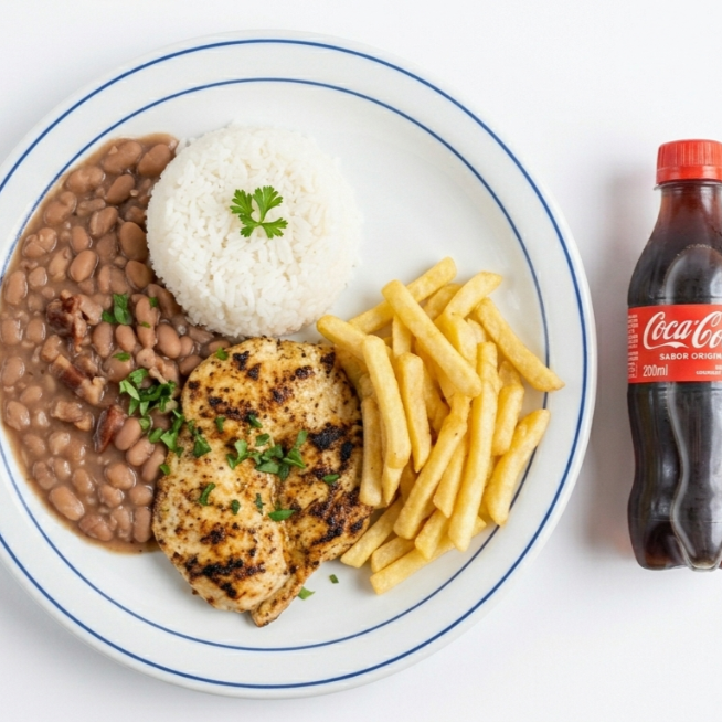 Nosso tradicional prato de arroz com feijão, servido com um frango grelhado no ponto certo da suculência e batatas fritas bem crocantes. Impossível resistir, peça já a sua. Acompanha refrigerante de 200ml. Serve 1 pessoa