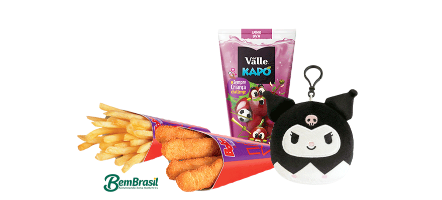 Combo Franlitos é composto de 4 Unidades de Franlitos + 1 Batata Palito P + 1 Del Valle Kapo + 1 Pelúcia Hello Kitty