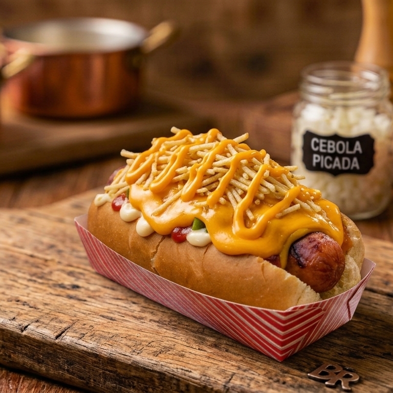 Pão de hot dog, 1 salsicha, maionese, cat chup, mostarda, cheddar e batata palha