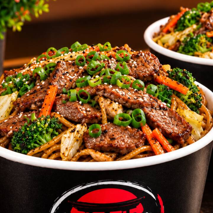 Yakisoba de Filé 550 gramas . Acompanha 100 gramas de filé mignon (peso antes do preparo) macarrão alfa , brócolis, cebola, cenoura e repolho com o molho da casa a base de shoyo.