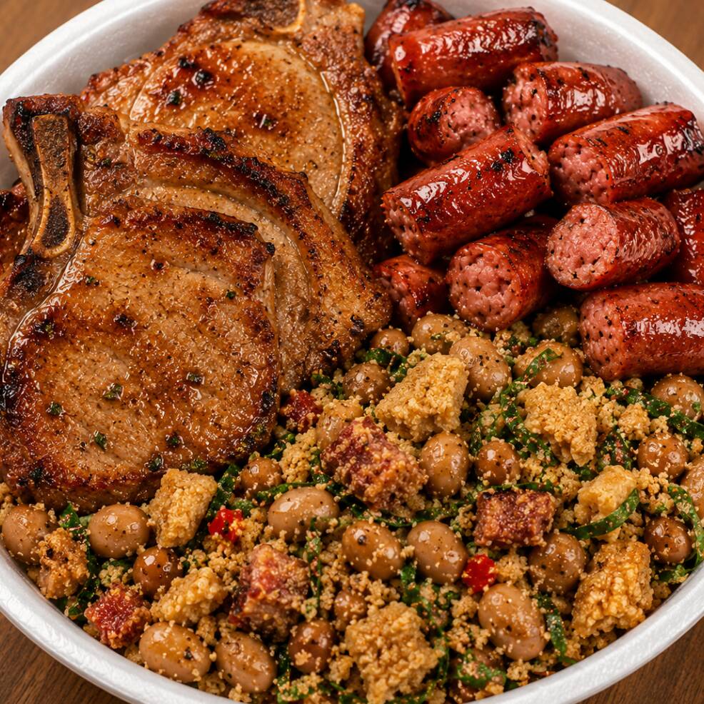 Arroz ,feijão , bisteca suína com linguiça calabresa e feijão tropeiro