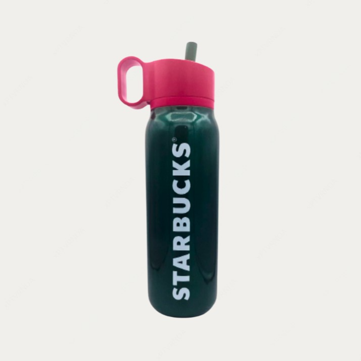 Garrafa verde em aço inoxidável com logotipo Starbucks branco e tampa vermelha giratória para bebidas geladas - 591ml.
*produto térmico*
