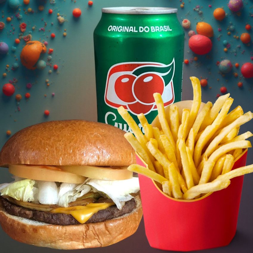 01 X-burguer (Londres), 01 batata P e 01 Antártica lata