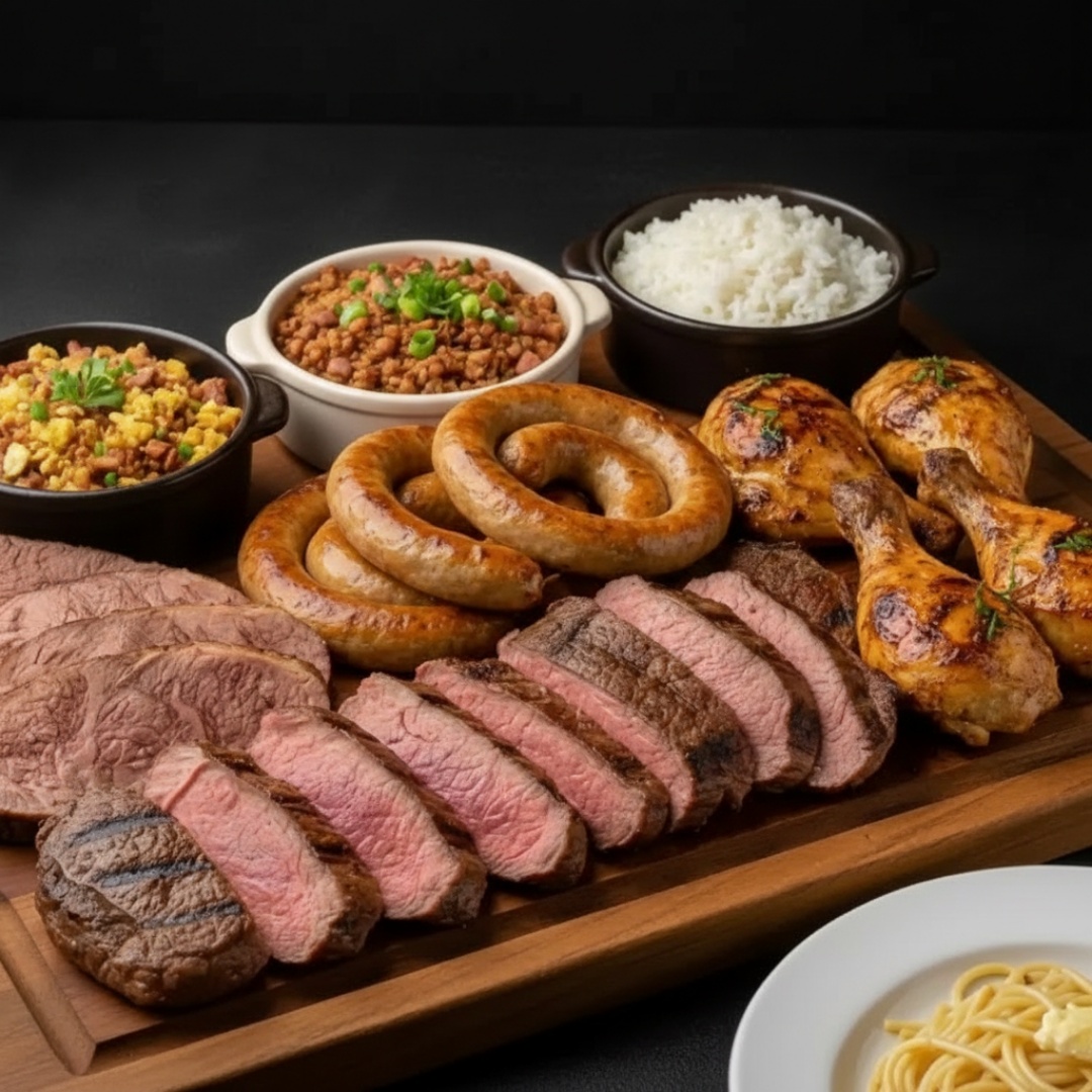 Proteínas: 4 fatias suculentas de filé especial, 3 toscana e 3 coxa/sobrecoxa
Escolha até 3 guarnições: Feijão tropeiro, Arroz Branco, Macarrão ou Farofa Rica.
Serve muito bem 4 pessoas!