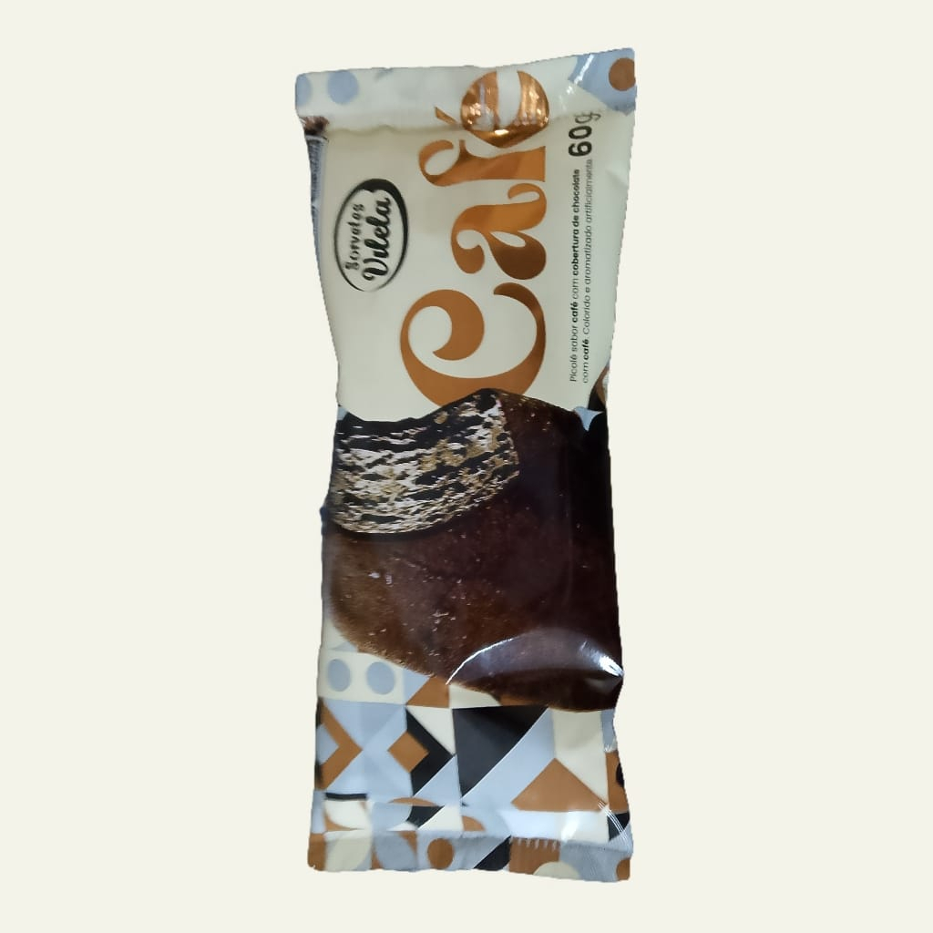 Picolé sabor café com cobertura de chocolate com café.