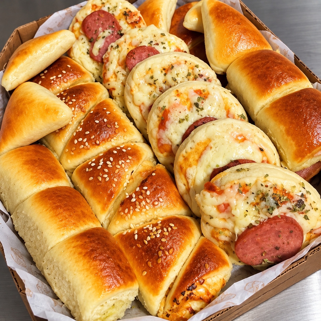 Combinação deliciosa de mini pizzas artesanais e assados macios, preparados diariamente com massa leve, recheios generosos e aquele sabor caseiro que só a Coma Bem Salgados tem. As pizzas são assadinhas no ponto, com coberturas caprichadas. Os assados são fofinhos, saborosos e perfeitos para qualquer momento. Consultar sabores disponíveis do dia. Enviamos de acordo com a disponibilidade.🔥 Uma combinação de assados e mini pizzas.