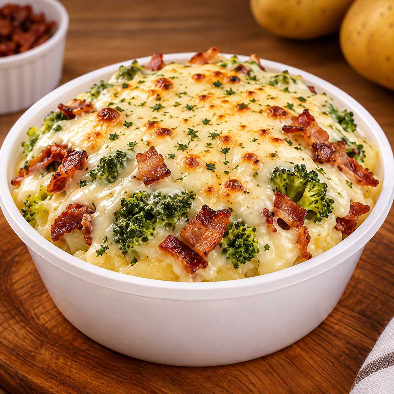 Batata macia e bem recheada com brócolis e bacon crocante, envoltos em um delicioso molho branco cremoso. Uma combinação irresistível, cremosa e cheia de sabor!