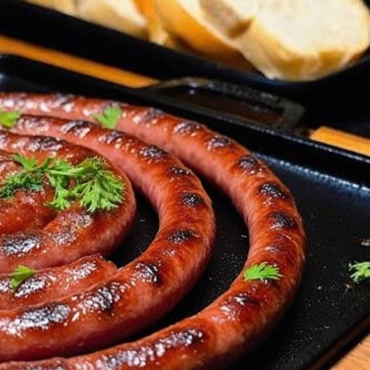 Linguiça artesanal de pernil. Acompanha pão francês em rodelas, molho da casa, vinagrete e farofa.