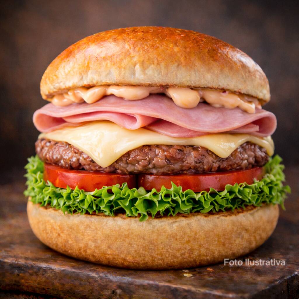 Pão, carne de Hamburguer 52g, queijo mussarela, presunto e molho da casa