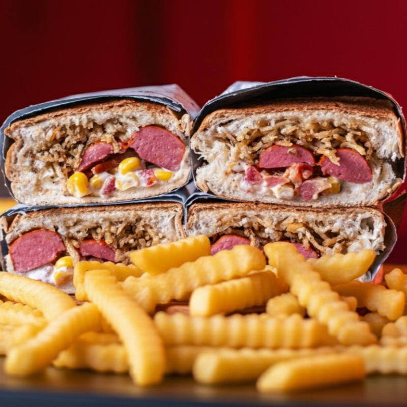 2 hot dog bacon com, pão de hot dog, maionese da casa, vina perdigão, bacon em cubos, milho, tomate, farofa, batata palha e uma porção de fritas P