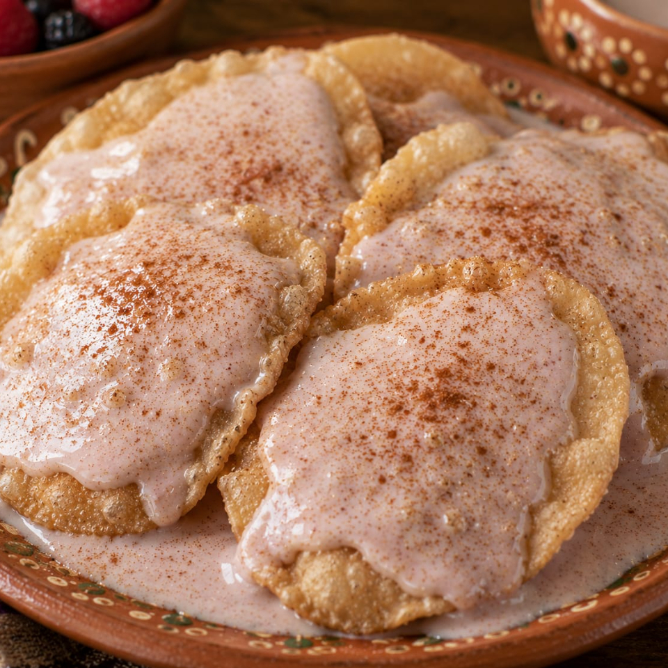 Buñuelo Bañado en Salsa de Frutos Rojos