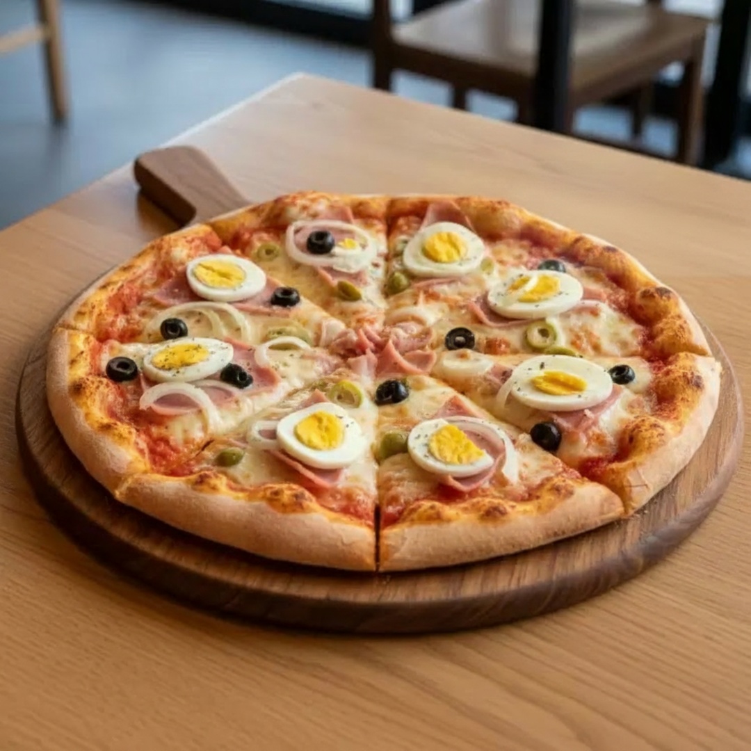 Massa fresca, molho de tomate, mussarela, presunto, tomate, cebola, pimentão, ovo e oregano