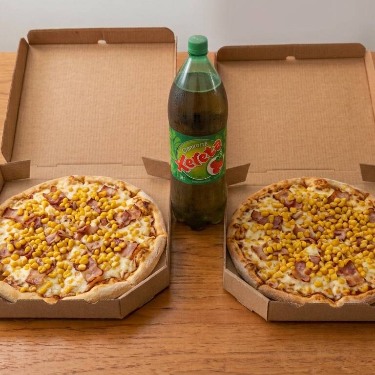Pizza clássica com molho de tomate, milho , bacon ,azeitonas e queijo mussarela.