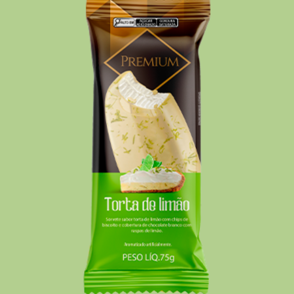 Picolé sabor torta de limão com casquinha de chocolate branco e raspas de limão.