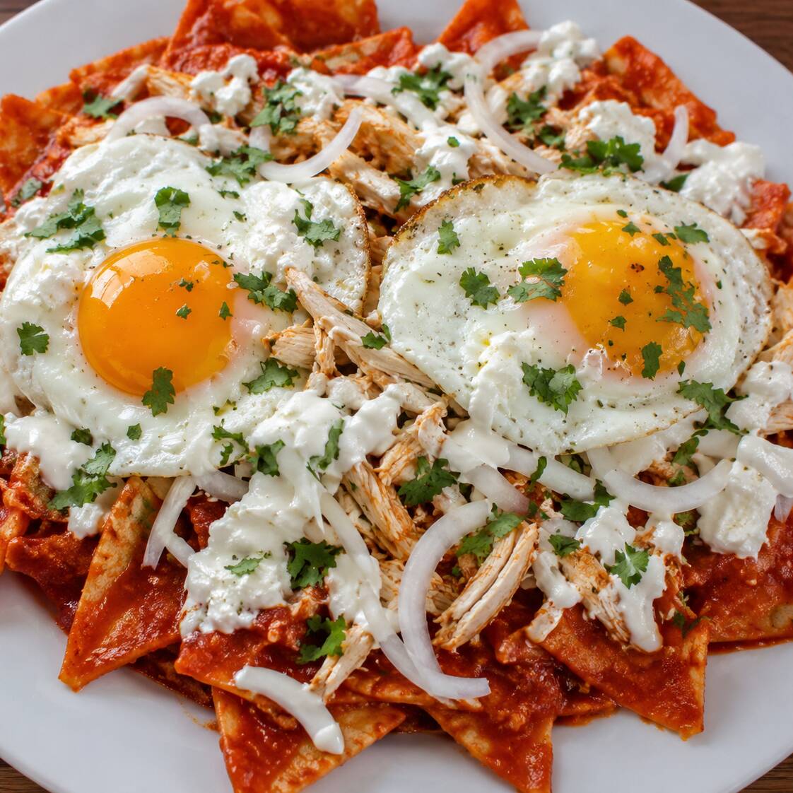Chilaquiles Rojos con Huevo y Pechuga