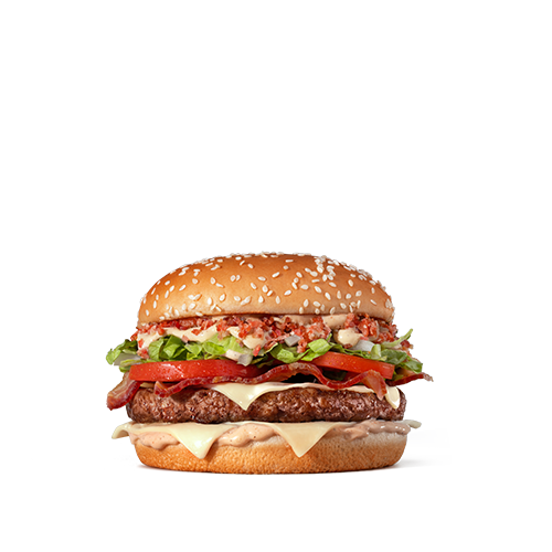 Composto por um hambúrguer de carne 100% bovina, o icônico molho tasty, uma combinação especial de bacon crispy e fatias de Bacon, queijo processado sabor emental, tomate, alface, cebola, tudo isso no pão com gergelim